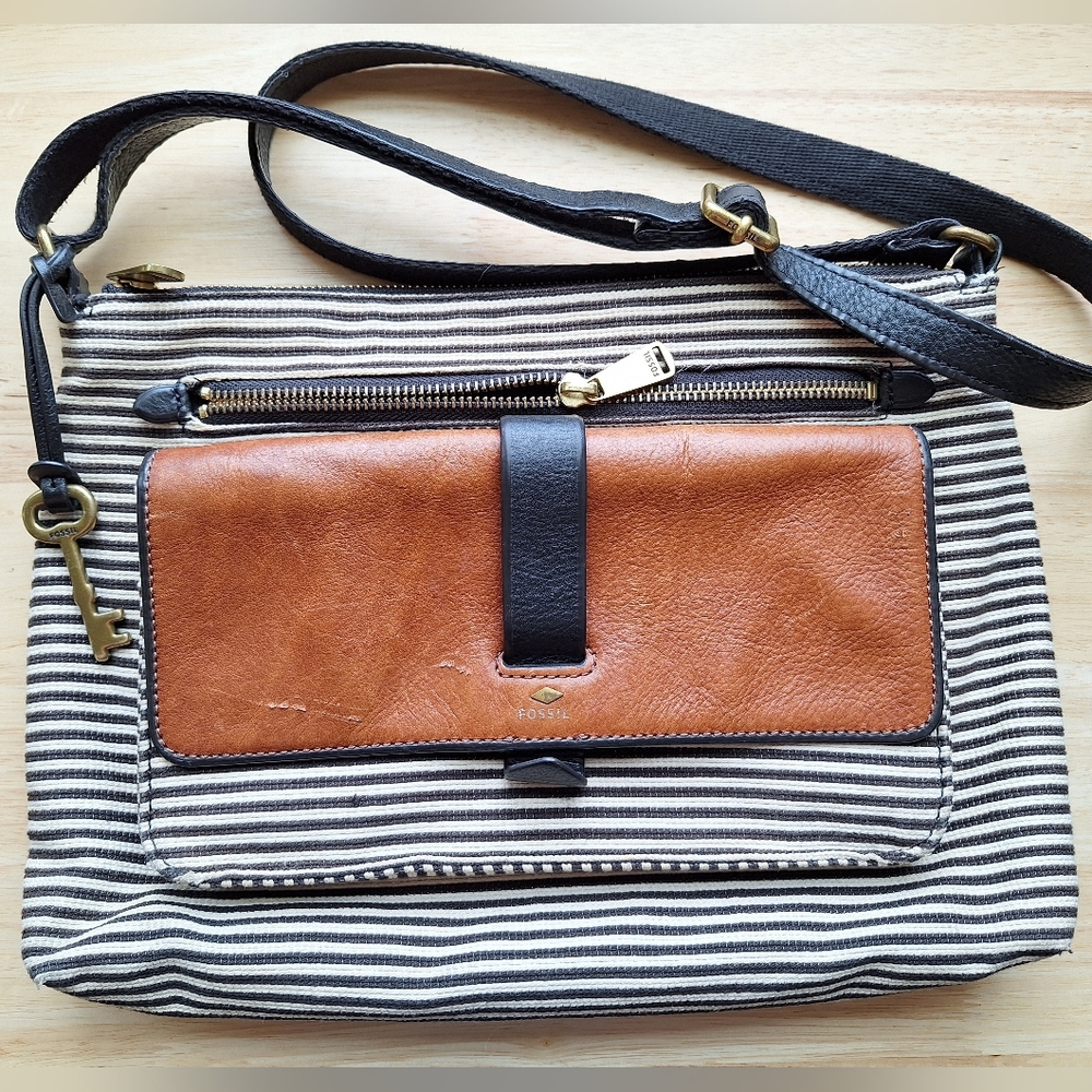 Fossil Kinley Genuine Leather and Canvas Striped Boho Crossbody Bag